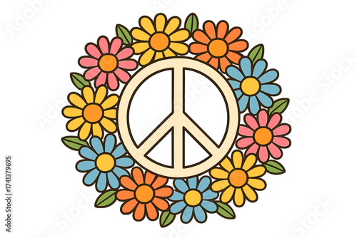 Peace sign in a colorful flower wreath. Groovy 70s retro hippie icon. Flower power symbol for love and harmony. Round daisy bouquet in a cartoon style vector illustration.