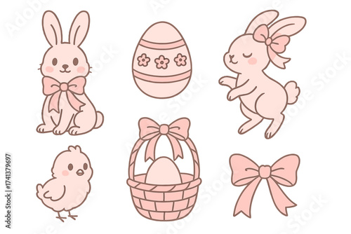 Cute coquette Easter elements set. Pink whimsical bunny, rabbit, chick, decorated egg and basket with girly satin ribbons and bow. Contour flat vector cartoon design isolated.
