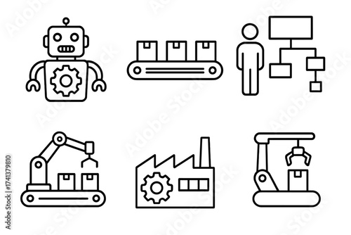 Mass production & industrial automation icon set. Thin line style icons of robot, robotic arm, factory, conveyor belt & workflow process chart. Vector symbols for manufacturing.
