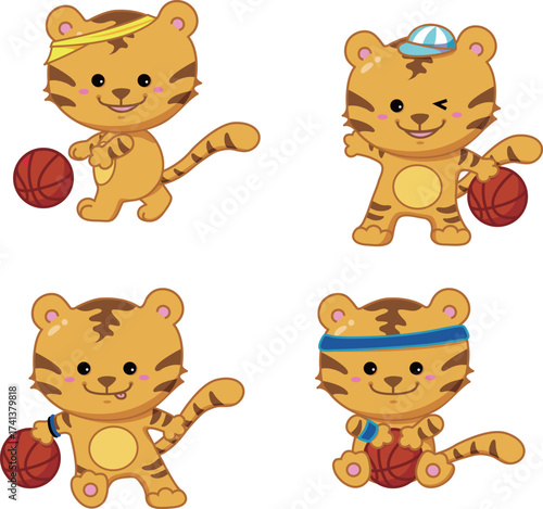 Character Design: Cartoon Tiger Playing Basketball, Illustration, Vector