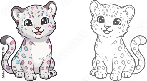 Cartoon baby snow leopard with blue eyes, black and white outline coloring page, cute wild animal illustration, fantasy children artwork