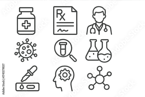 Medical research and healthcare line icon set. Medicine, pharmacy, science. Doctor, Rx prescription, virus, lab test, scientific discovery, chemistry flask, molecule pictogram.