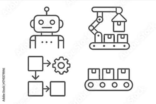 Mass production and industrial automation line icon set. Vector collection with robot, conveyor belt, assembly line, workflow diagram. Factory technology manufacturing process.