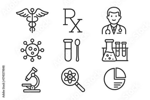 Medical and science line icon set. Vector collection for healthcare, research, diagnostics. Includes doctor, virus, lab test, microscope, prescription, and infographic symbols.