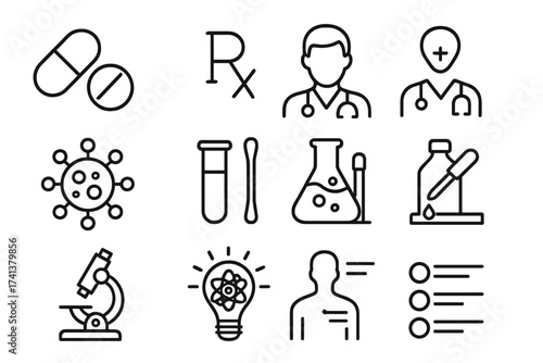Medical and science icon set. Line style symbols for healthcare, laboratory, research, doctor, virus, testing, pharmacy, prescription, discovery, and infographic design.