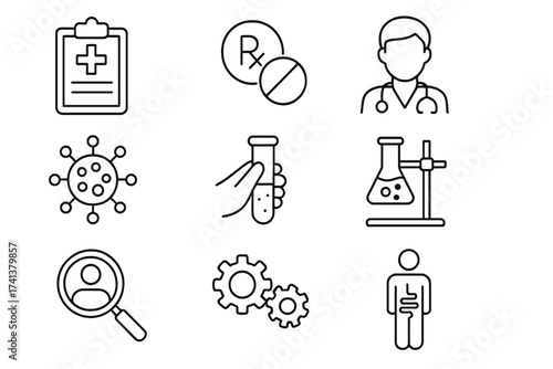 Medical and science line icon set. Vector symbols for healthcare, research, and diagnostics. Includes doctor, virus, lab test, prescription, digestion, and analysis icons.