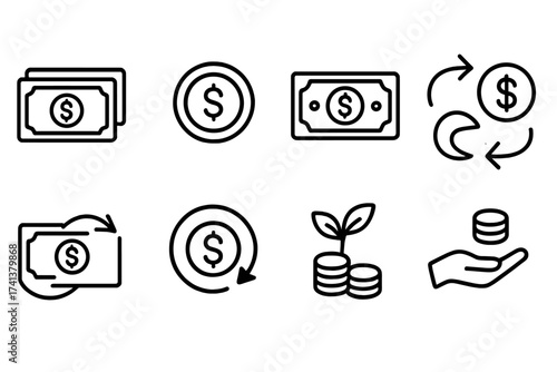 Money and finance line icon set. Vector symbols for banking, payment, investment, profit, and savings. Includes cash, coin, cash back, send money, and growth concepts. Outline illustration.