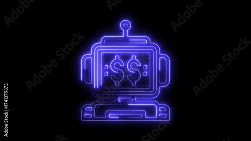 Neon glowing robot with dollar signs animated against black background automation concept
