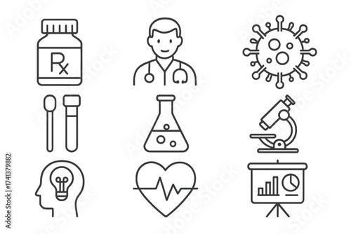 Medical and science line icon set. Medicine, doctor, virus, and lab research symbols. Healthcare infographic elements for web. Vector collection for scientific discovery concepts.