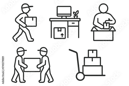 Moving service vector icon set in line style. Relocation and delivery concepts. Courier, loaders, packing, office move, and logistics. Home moving and transport symbols.