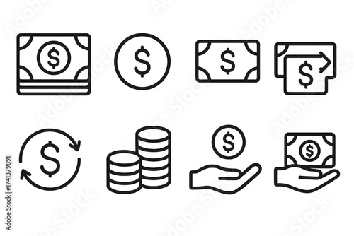 Money and finance thin line icon set. Cash, coin, banknote symbols. Financial operations concept. Payment, transfer, investment, profit, savings, cashback, income illustration.