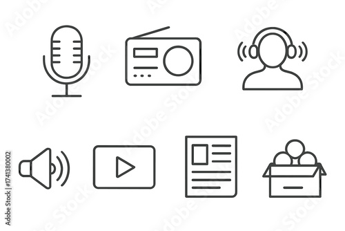 Podcast and webcast icon set in simple line style. Vector collection includes microphone, radio, audio, video play button, news, and listening symbols for multimedia.