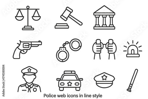 Police icon set in thin line style. Law, justice, and crime icons. Vector illustration includes officer, car, gun, handcuffs, court, judge gavel, and siren. Editable stroke.