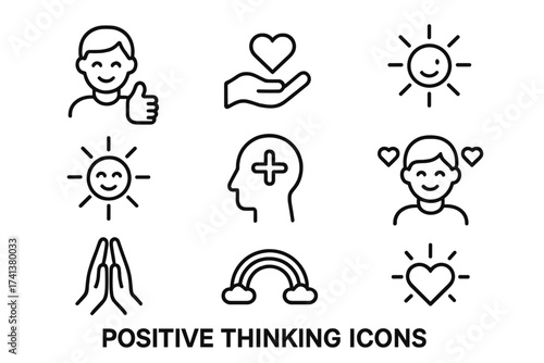 Positive thinking line icon set. Mental health, optimism and happiness concepts. Psychology, charity, love and gratitude symbols. Vector illustration collection for web and apps.