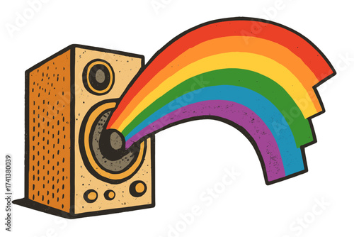 Retro loudspeaker with rainbow soundwave. Pride month vector banner. LGBTQ community celebration of love and equality. Music illustration in paper collage halftone style.