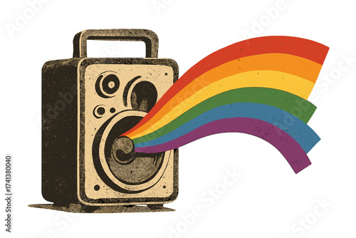 Retro loudspeaker with rainbow vector illustration. Pride month concept. LGBTQ community symbol. Gay parade announcement. Music sound of freedom, love and equality. Paper collage.