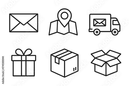 Postal service line icon collection. Mail delivery, e-commerce logistics, and package tracking outline symbols. Vector icons for envelope, box, gift, map, and truck.