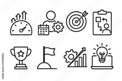 Productivity and efficiency line icon set. Business performance, planning, success, and goal achievement concepts. Vector icons for workflow, strategy, growth, and innovation.
