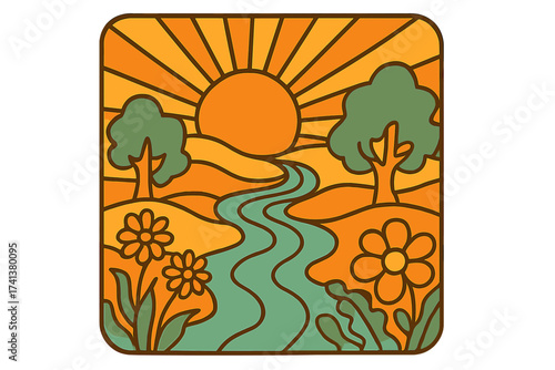 Retro psychedelic groovy landscape. Vintage 70s hippie poster with sun rays, wavy river, and flowers. Trippy nature background vector illustration. Contour art style.