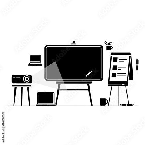 Presentation Setup with Projector, Whiteboard, and Laptop