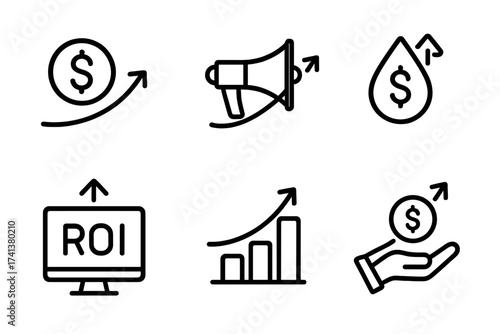 Return on investment line icon set. ROI concept symbols. Financial performance, profit growth, and sales increase vector graphics. Business income, dividend, and capital gain.