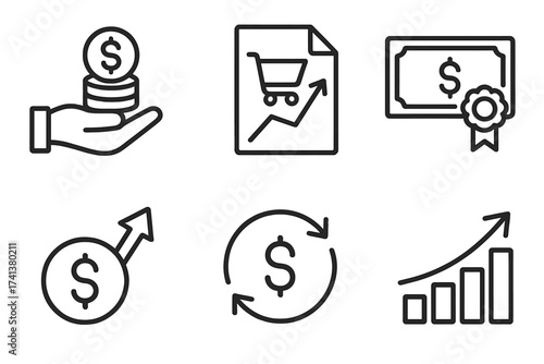 Return on investment line icon set. Business and finance concept. Vector symbols for capital, sales growth, dividend, roi, profit, and cash flow analysis collection.