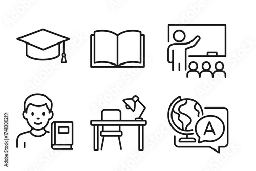 School and education web icons in line style. Knowledge, teacher, classroom, study, language vector collection. Graduation cap, book, student, globe, desk symbols set.