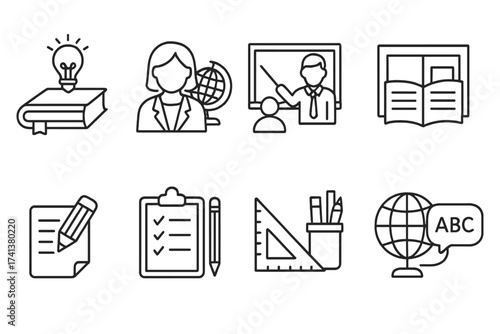 Education line icon set. School web icons. Knowledge, teacher, classroom, study, language, globe, book, learning, lesson vector symbols. Outline pictogram collection.
