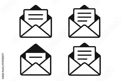 Mail icon set. Envelope with letter vector pictogram collection. Open message symbol for email. Communication, correspondence concept. Document notification sign. Postal delivery.