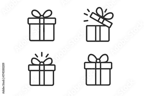 Gift box line icon set. Present with ribbon bow pictogram collection. Open surprise box for birthday, christmas celebration. Simple vector outline illustration for bonus reward.