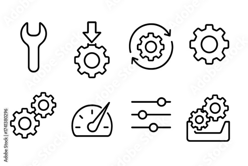 Setup and settings line icons. Vector collection of web symbols for options, download, update, configuration, gears, optimization, process, repair, and control panel design.