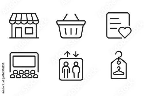 Shopping mall and retail line icon set. Vector collection of simple pictograms for web and mobile UI. Includes store, basket, wishlist, cinema, elevator, new collection icons.