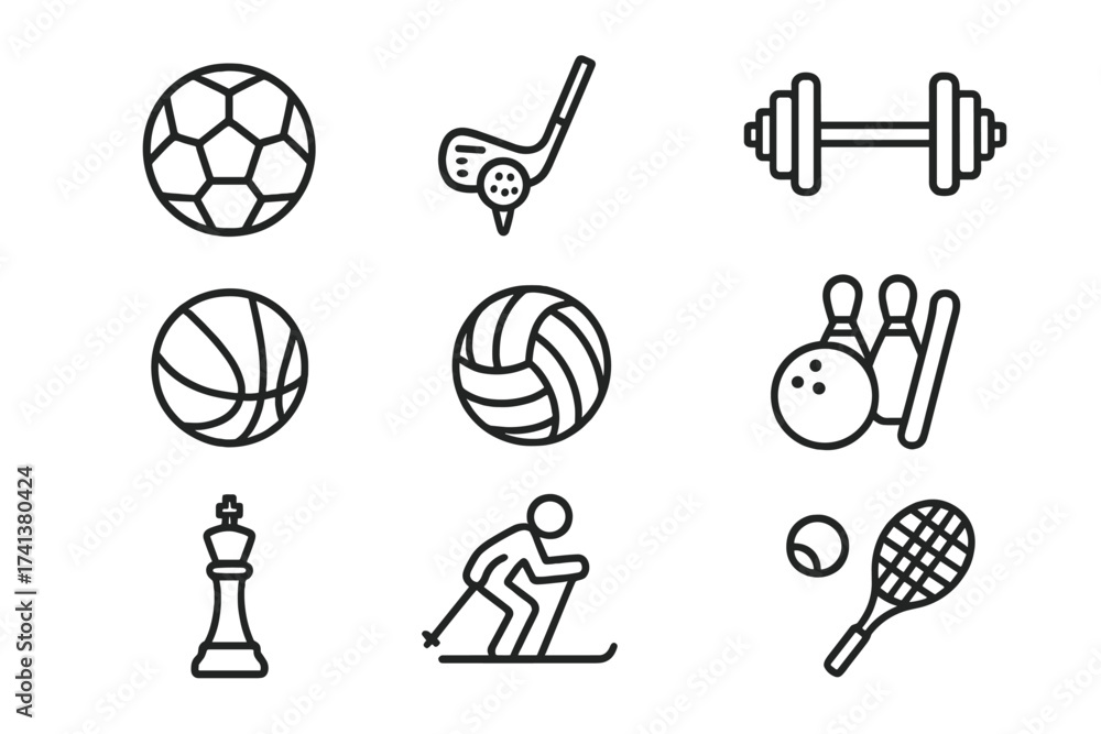 Fototapeta premium Sport and recreation icon set in thin line style. Vector collection of symbols for football, golf, gym, basketball, volleyball, bowling, chess, skiing, and tennis. Outline pictograms.
