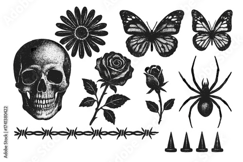 Y2K grunge design elements. Retro photocopy texture sticker pack. Vector set with skull, butterfly, rose flower, spider, spikes, barbed wire. Goth punk streetwear asset.