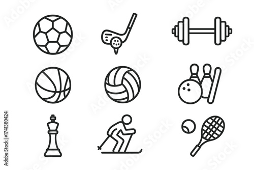 Sport and recreation icon set in thin line style. Vector collection of symbols for football, golf, gym, basketball, volleyball, bowling, chess, skiing, and tennis. Outline pictograms.