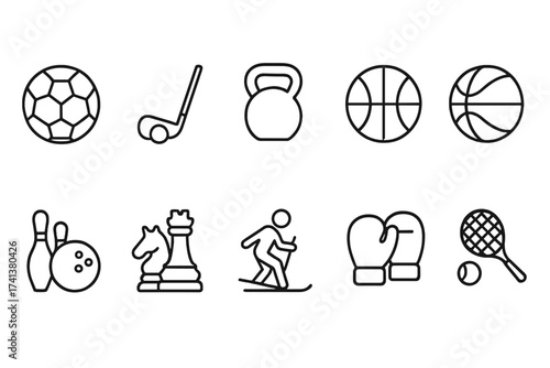 Sport icons set in thin line style. Football, golf, gym, basketball, bowling, chess, skiing, boxing, tennis. Outline vector symbol collection for web and mobile design.
