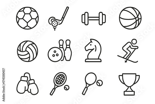 Big sports icon set in thin line style. Football, golf, gym, basketball, volleyball, bowling, chess, skiing, boxing, tennis. Vector pictogram collection for web design.