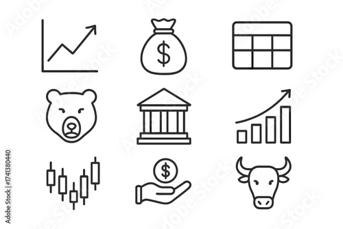 Stock market line icon set. Finance and investment concept. Vector symbols with bull, bear, growth chart, candlestick graph, money bag, bank for trading and exchange.