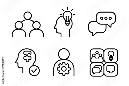 Soft skills line icon set for business. Vector collection of teamwork, creativity, communication, problem-solving and management symbols. Outline icons for web and print.