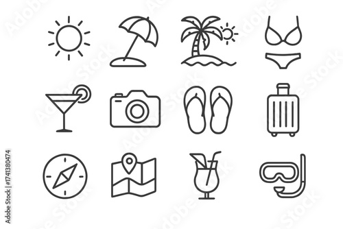 Summer beach vacation line icon set. Travel and holiday outline pictogram collection. Includes sun, island, cocktail, camera, luggage, map, and bikini. Tourism vector symbols.
