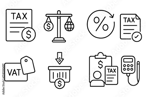 Tax and finance line icon set. Vector symbols for accounting, pay, duties, interest rate, tax return, vat, tariff, personal tax collection. Business outline pictogram pack.