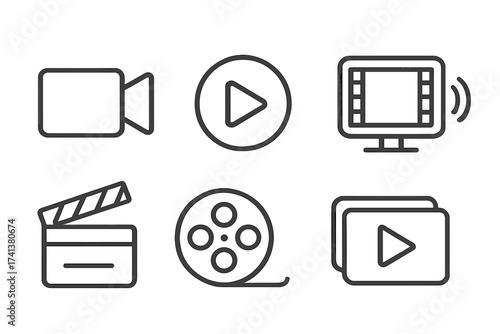 Video line icons set. Vector collection of thin outline symbols for web and mobile. Camera, play button, film, cinema, live streaming, media player, clapperboard, reel.
