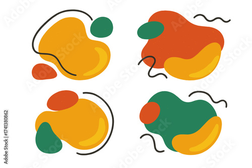 Set of abstract organic liquid shapes. Modern vector art with retro grainy texture. Hand drawn doodle scribble elements. Background for banner, cover, poster, ad or card.