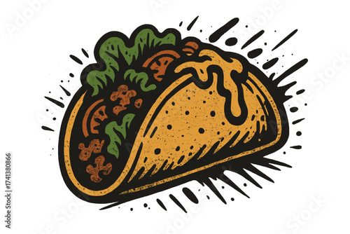 Vintage Mexican food poster design element with taco in urban graffiti style. Isolated textured vector illustration. Cartoon street food concept for menu, logo or sticker.