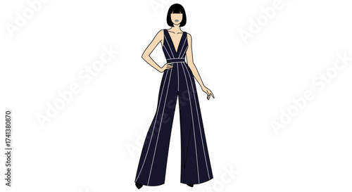 Fashion Illustration: Woman in Navy Jumpsuit with White Stripes