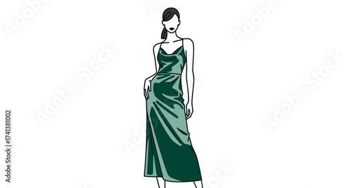 Elegant Woman in Green Slip Dress Illustration