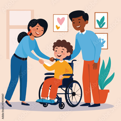 Flat solid color vector art for World Cerebral Palsy Day featuring social inclusion, accessibility icons, therapy sessions, adaptive sports, family support, and global awareness concepts