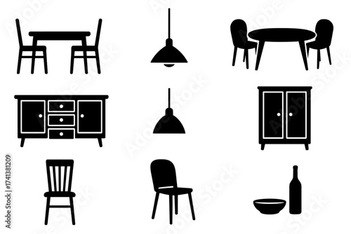 Furniture icon set. Vector glyph collection for interior design. Dining room and kitchen elements. Black silhouette of table, chair, cabinet, lamp. Home decor furnishing symbol.