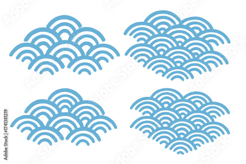 Japanese wave pattern vector set. Seigaiha traditional asian motif. Abstract ocean water texture. Blue sea waves graphic collection. Geometric oriental ornament for background.