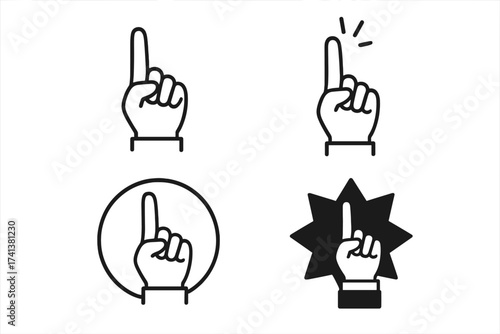 Hand pointing up icon set. Index finger sign for number one, first place, idea, attention, hint, and solution. Leadership and winner concept. Minimalist line art vector pack.